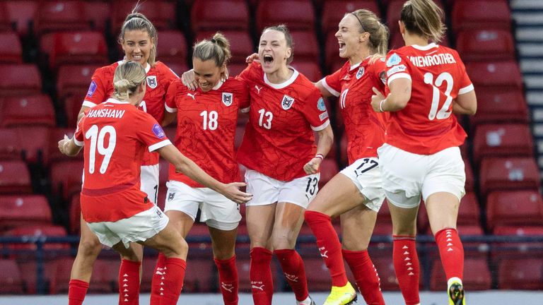 GLASGOW, SCOTLAND - MAY 30: Austria's Julia Hickelsberger (3rd L) celebrates after scoring to make it 1-0 during a UEFA Women's Nations League A Group 1 match between Scotland and Austria at Hampden Park, on May 30, 2025, in Glasgow, Scotland. (Photo by Craig Foy / SNS Group)