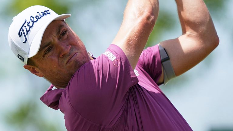 Justin Thomas hits on the first hole during the final round of the Truist Championship golf tournament at the Philadelphia Cricket Club, Sunday, May 11, 2025, in Flourtown. (AP Photo/Matt Rourke) 