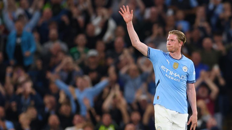 Kevin De Bruyne waves to the crowd as he leaves the pitch for the final time as a Man City player at the Etihad Stadium