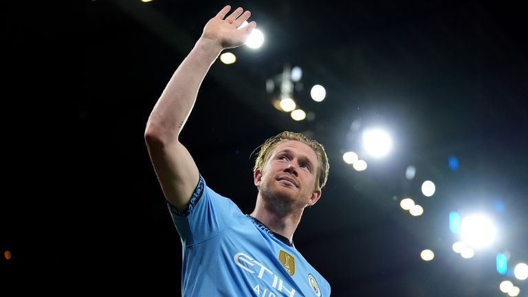 Kevin De Bruyne bids farewell to the Etihad crowd after his final home game for Manchester City