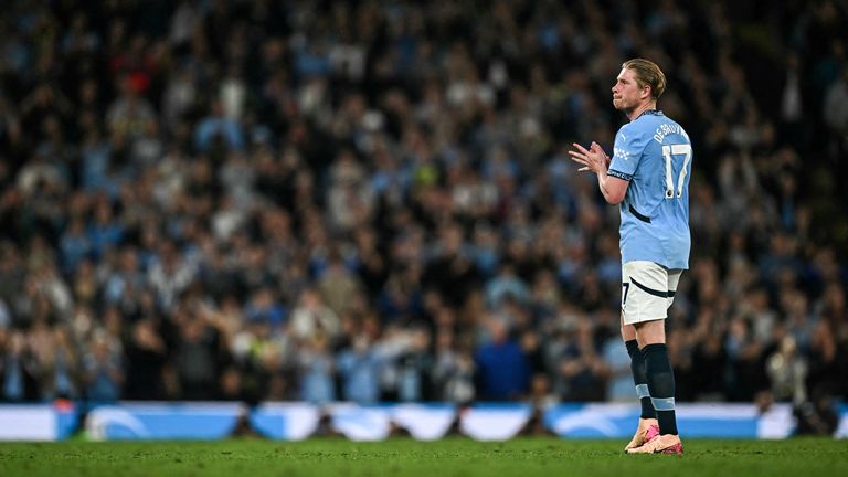 Manchester City's Belgian midfielder #17 Kevin De Bruyne waves to supporters