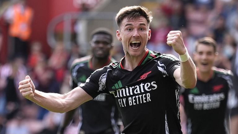 Arsenal's Kieran Tierney (centre) celebrates scoring their first goal of the game