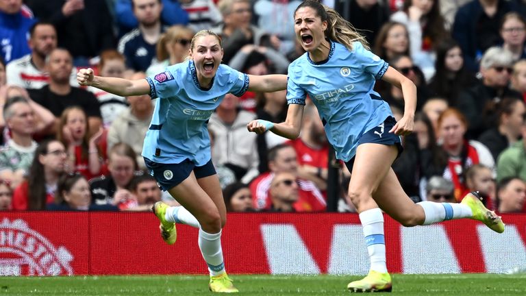 Laia Aleixandri (right) peels away after scoring Man City's opening goal at Man Utd