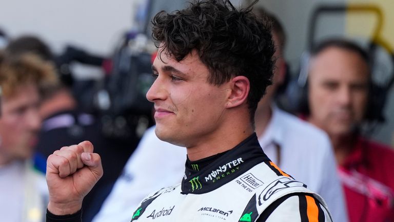 Lando Norris celebrates his first Monaco GP pole