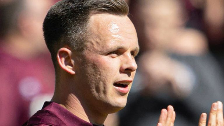 EDINBURGH, SCOTLAND - MAY 10: Hearts' Lawrence Shankland celebrates scoring to make it 1-0 during a William Hill Premiership match between Heart of Midlothian and Motherwell at Tynecastle Park, on May 10, 2025, in Edinburgh, Scotland. (Photo by Mark Scates / SNS Group)