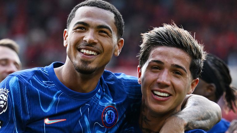 Nottingham, England - May 25: Levi Colwill and Enzo Fernandez won the Premier League match between Nottingham Forest FC and Chelsea FC on May 25, 2025. (Photos of Darren Walsh/Chelsea FC via Getty Images)