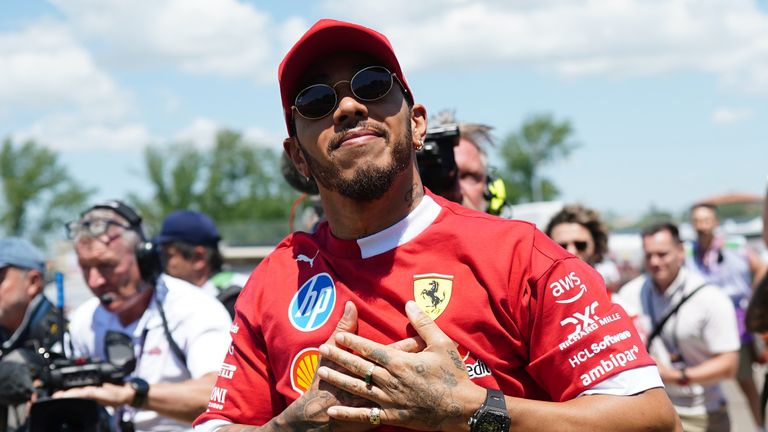 Lewis Hamilton acknowledges the Tifosi at Imola