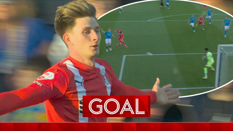 Leyton Orient's Oliver O'Neill scores within 3 minutes to lead Stockport County in the play-off semi final 2nd leg.