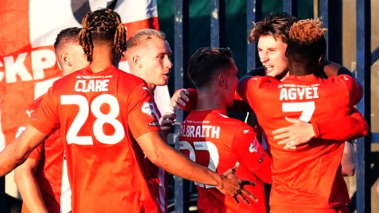 Leyton Orient's Oliver O'Neill celebrates scoring against Stockport