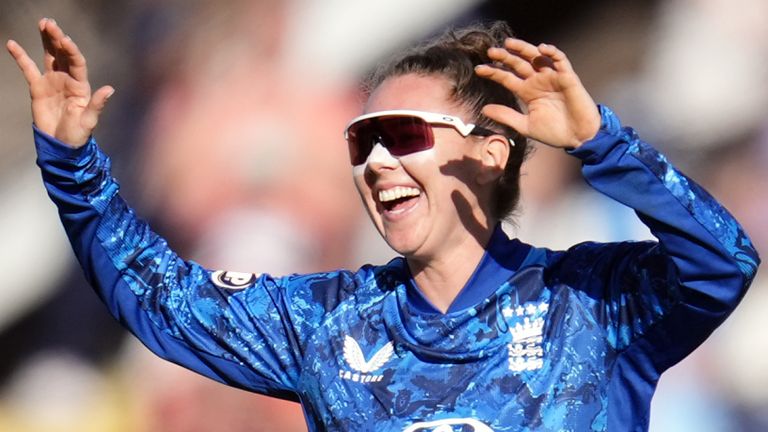 Linsey Smith celebrates a wicket during her ODI debut against the West Indies