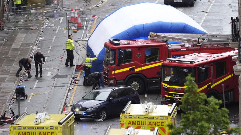 A tent is erected by police with a road traffic accident on Water Street near the Liver Building in Liverpool after a car collided with pedestrians during the Premier League winners parade. A man has been detained. Picture date: Monday May 26, 2025.