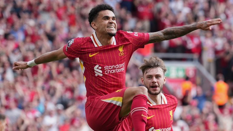 Liverpool's Luis Diaz celebrates after scoring his side's second goal (AP Photo/Jon Super)