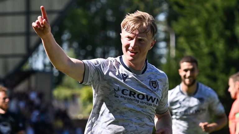 PERTH, SCOTLAND - MAY 18: Dundee's Lyall Cameron celebrates after scoring to make it 1-0 during a William Hill Premiership match between St Johnstone and Dundee at McDiarmid Park, on May 18, 2025, in Perth, Scotland. (Photo by Paul Devlin / SNS Group)