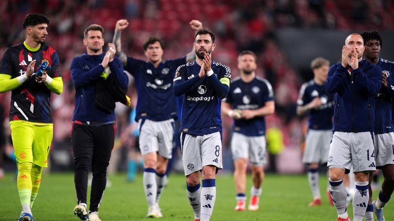 Manchester United's Bruno Fernandes after the UEFA Europa League semi-final first leg match at the San Mames Stadium, Bilbao, Spain. Picture date: Thursday May 1, 2025.