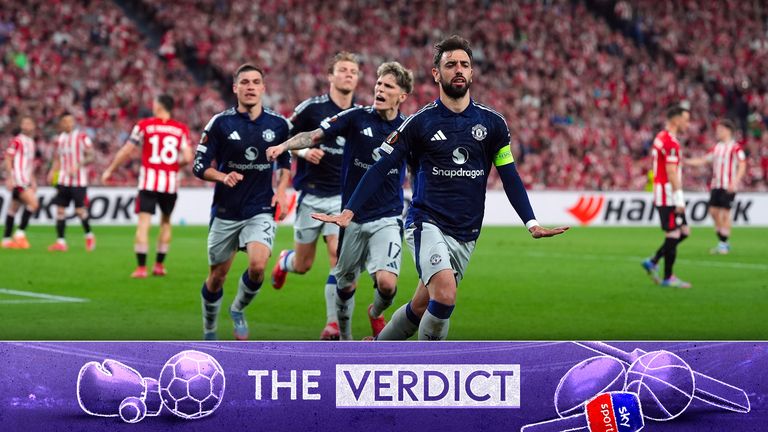 Manchester United's Bruno Fernandes celebrates scoring their side's second goal of the game during the UEFA Europa League semi-final first leg match at the San Mames Stadium, Bilbao, Spain. Picture date: Thursday May 1, 2025.
