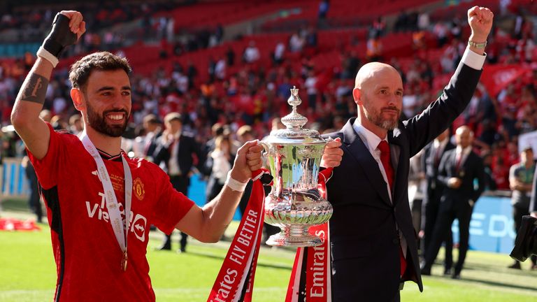 Manchester United's head coach Erik ten Hag and Manchester United's Bruno Fernandes pose with the trophy after winning the English FA Cup final soccer match between Manchester City and Manchester United at Wembley Stadium in London, Saturday, May 25, 2024. (AP Photo/Ian Walton)