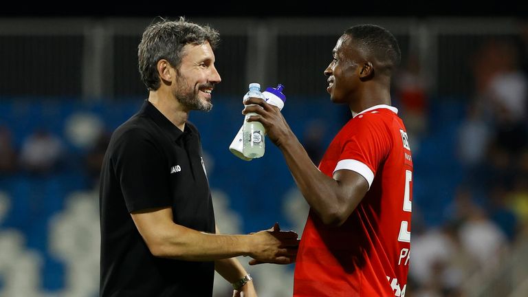 Van Bommel Mark head coach of Antwerp FC with Pacho Tenorio William defender of Antwerp FC celebrating the win pictured during the UEFA Europa League Conference second qualifying round, 2nd leg match between Drita and Antwerp FC on July 27, 2022 in Pristina, Kosovo