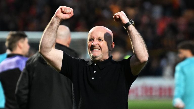 GLASGOW, SCOTLAND - MAY 13: Livingston Manager David Martindale celebrates at Full Time during a William Hill Premiership Play-Off Semi-Final first leg match between Partick Thistle and Livingston at the Wyre Stadium at Firhill, on May 13, 2025, in Glasgow, Scotland. (Photo by Rob Casey / SNS Group)
