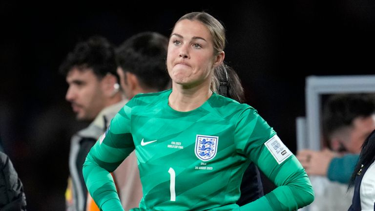 England's goalkeeper Mary Earps reacts at the end of the Women's World Cup soccer final between Spain and England at Stadium Australia in Sydney, Australia, Sunday, Aug. 20, 2023. Spain won 1-0. (AP Photo/Abbie Parr)