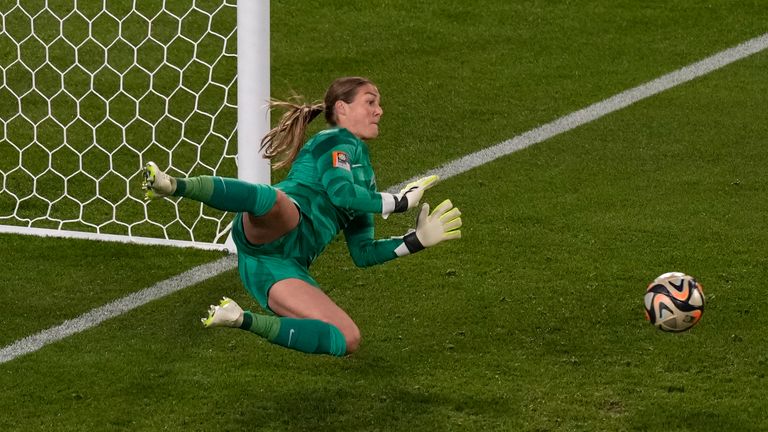 England's goalkeeper Mary Earps blocks a penalty shot from Spain's Jennifer Hermoso during the Women's World Cup soccer final between Spain and England at Stadium Australia in Sydney, Australia, Sunday, Aug. 20, 2023. (AP Photo/Mark Baker)