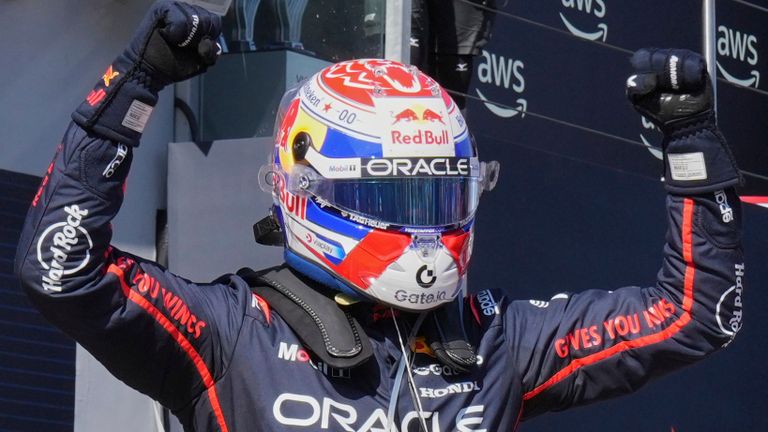 Red Bull driver Max Verstappen of the Netherlands celebrates winning the Italy's Emilia Romagna Formula One Grand Prix, in Imola, Italy, Sunday, May 18, 2025. (AP Photo/Antonio Calanni)