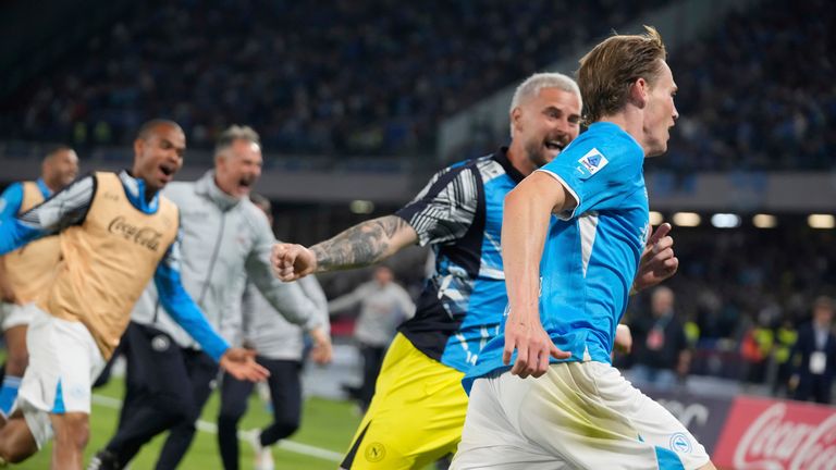 McTominay is mobbed by team mates as he secures the Serie A title