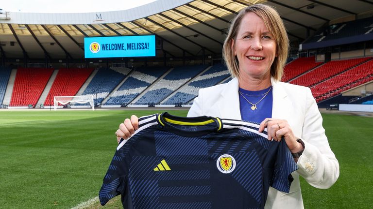 GLASGOW, SCOTLAND - MAY 06: New Scotland Women's National Team head coach Melissa Andreatta is unveiled to the media at Hampden Park, on May 06, 2025, in Glasgow, Scotland.  (Photo by Craig Williamson / SNS Group)