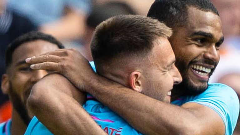 DUNDEE, SCOTLAND - MAY 10: St Mirren's Mikael Mandron (R) celebrates scoring to make it 1-0 during a William Hill Premiership match between Dundee United and St Mirren at the Calforth Construction Arena at Tannadice Park, on May 10, 2025, in Dundee, Scotland. (Photo by Ross Parker / SNS Group)