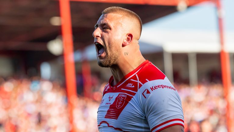 Picture by Allan McKenzie/SWpix.com - 17/05/2025 - Rugby League - Betfred Super League Round 11 - Hull KR v Huddersfield Giants - Sewell Group Craven Park, Hull, England - Hull KR's Mikey Lewis celebrates his try against Huddersfield.