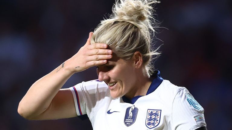 BRISTOL, ENGLAND - APRIL 04: Millie Bright of England reacts during the UEFA Women's Nations League 2024/25 Grp A3 MD3 match between England and Belgium at Ashton Gate on April 04, 2025 in Bristol, England. (Photo by Dan Istitene/Getty Images)