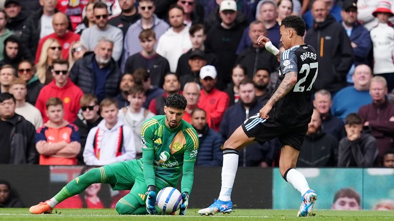 Morgan Rogers (right) kicks the ball away from Altay Bayindir before scoring only for the goal to be disallowed by referee Thomas Bramall 