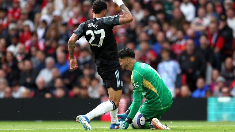 Morgan Rogers challenges Altay Bayindir before scoring a goal that was later ruled out by referee Thomas Bramall