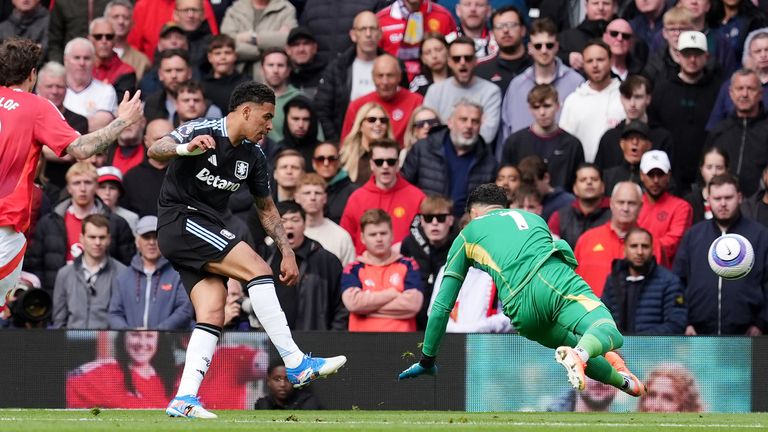 Morgan Rogers scores after kicking the ball away from Altay Bayindir only for the goal to be disallowed by referee Thomas Bramall