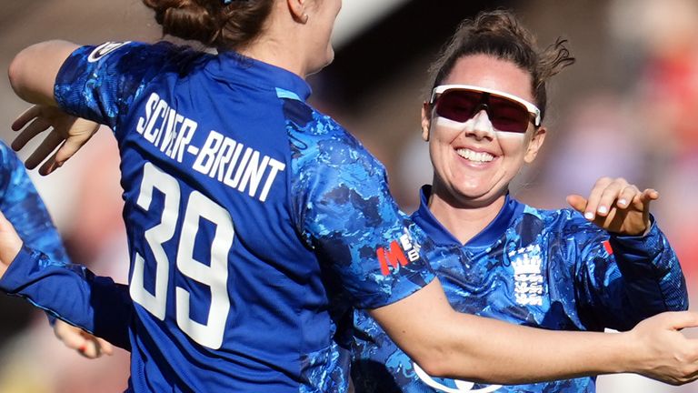 England's Linsey Smith celebrates taking the wicket of West Indies' Zaida James during the first Women's ODI