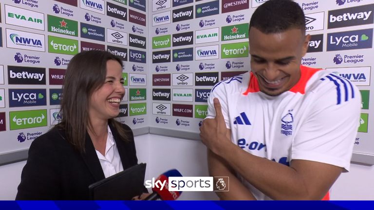 Sky Sports reporter Natalie Gerda helps translate Nottingham Forest defender Murillo full-time thoughts after he helped his side get a 2-1 victory away from home over West Ham. 