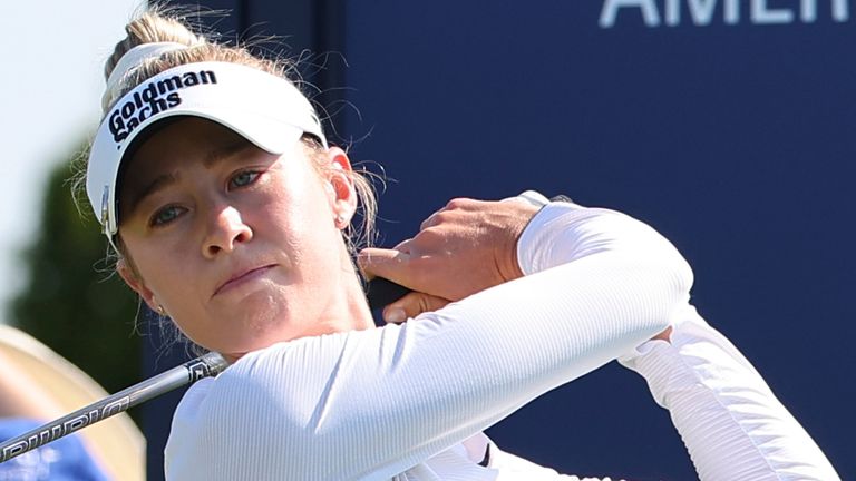JERSEY CITY, NJ - MAY 11: Nelly Korda at the first tee during the final round of the Mizuho Americas Open on May 11, 2025 at Liberty National Golf Club in Jersey City, New Jersey. (Photo by Rich Graessle/Icon Sportswire) (Icon Sportswire via AP Images)