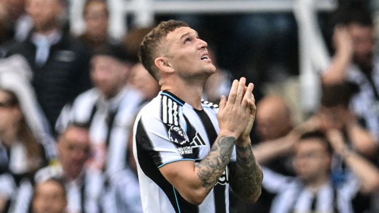 Newcastle United's English defender #02 Kieran Trippier reacts after a missed chance during the English Premier League football match between Newcastle United and Everton at St James' Park in Newcastle-upon-Tyne, north east England on May 25, 2025. 