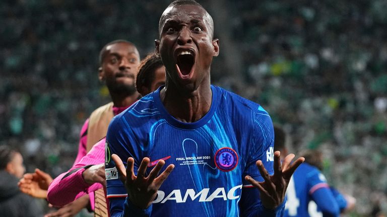 Chelsea's Nicolas Jackson celebrates after scoring during the Europa League final soccer match between Real Betis and Chelsea in Wroclaw, Poland, Wednesday, May 28, 2025. (AP Photo/Petr David Josek)