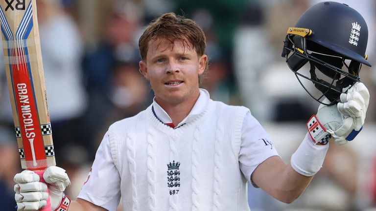 England's Ollie Pope celebrates his century against Zimbabwe at Trent Bridge (Getty Images)