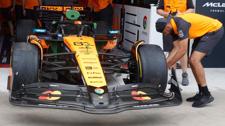 MIAMI GARDENS, FL - MAY 04: McLaren Formula One Team driver Oscar Piastri (81) of Team Austrailia sits in the garage area prior to the running of the F1 Crypto.com Miami Grand Prix on May 04, 2025 at Miami International Autudrome in Miami Gardens, FL. (Photo by Jeff Robinson/Icon Sportswire) (Icon Sportswire via AP Images)
