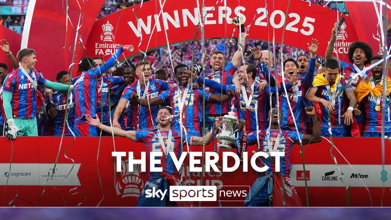 Crystal Palace players celebrate with the trophy after winning the English FA Cup final soccer match between Crystal Palace and Manchester City at Wembley stadium in London, Saturday, May 17, 2025. 