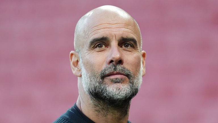 Manchester City Manager Pep Guardiola follows the Premier League in Old Trafford, Manchester. Image date: Sunday, April 6, 2025.
