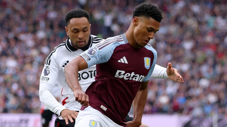 Ollie Watkins is challenged by Kenny Tete 