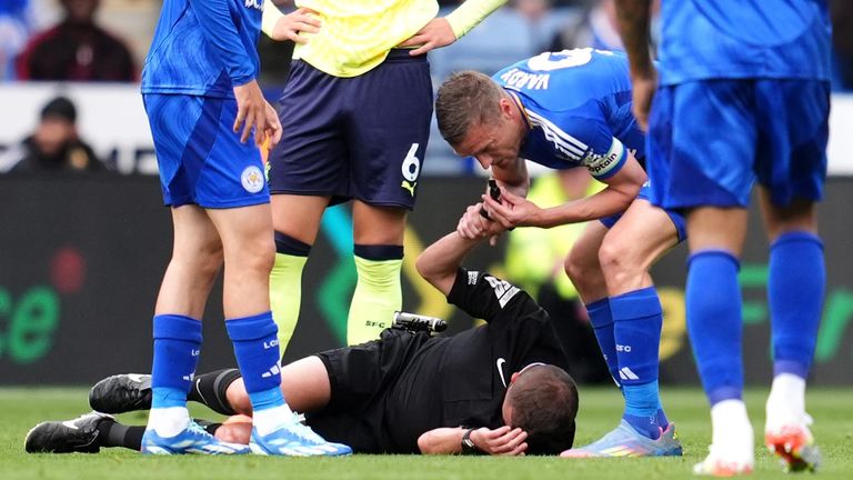 Referee David Webb is injured after a collision with Jordan Ayew