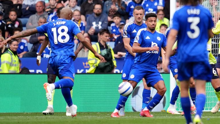 Jordan Ayew scores Leicester's second goal against Southampton