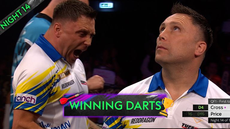Gerwyn Price wins the opening game on Night 14 of the Premier League darts in Leeds with a 6-5 victory over Rob Cross. 