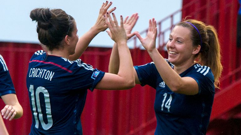13/09/14 FIFA WOMEN'S WORLD CUP QUALIFIER.SCOTLAND v FAROE ISLANDS.FIR PARK - MOTHERWELL.Rachel Corsie (right) celebrates with Leanne Crichton after her goal