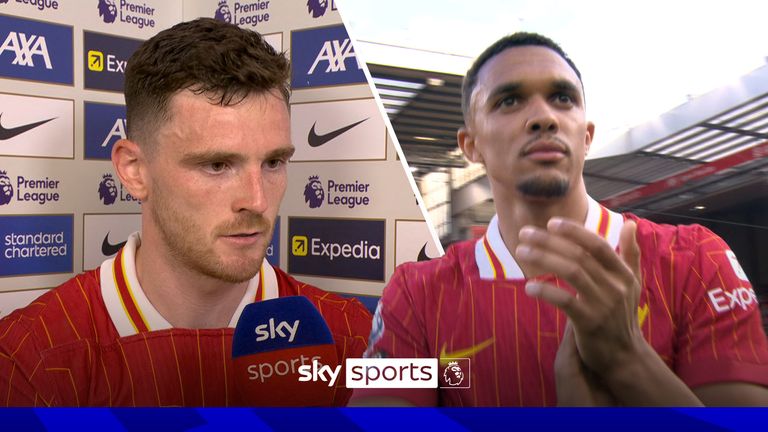 Andy Robertson reacts to Trent Alexander-Arnold getting booed by the fans when he was subbed on in the second-half of Liverpool's Premier League match against Arsenal. 