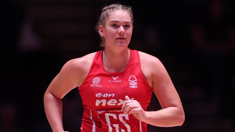 Rolene Streutker in action during the 2025 Netball Super Cup semi-final match between Leeds Rhinos and Nottingham Forest