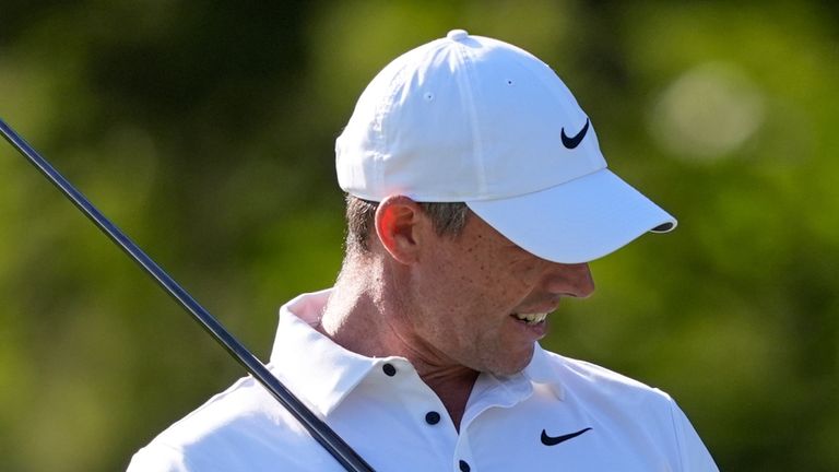 Rory McIlroy, of North Ireland, reacts to his shot on the 15th green during the final round of the PGA Zurich Classic golf tournament at TPC Louisiana in Avondale, La., Sunday, April 27, 2025. (AP Photo/Gerald Herbert)